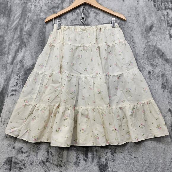 Vintage Homemade Skirt Womens S Cream Pink Blue Floral Tiered A-Line Knee Length - Picture 1 of 8
